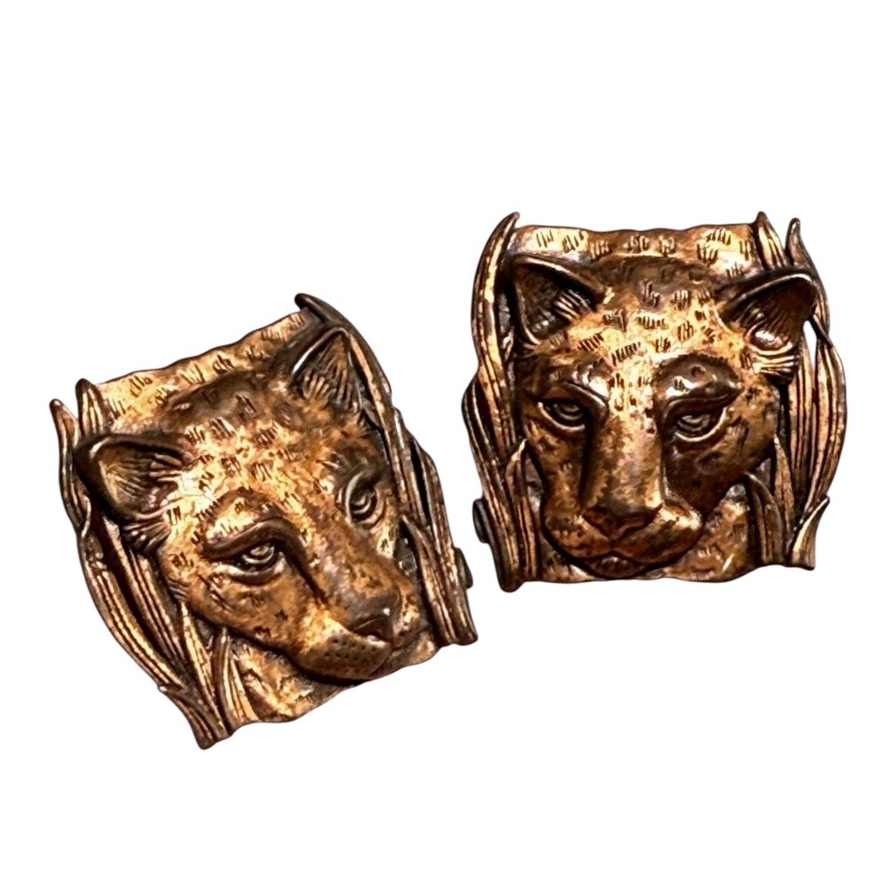 Vintage Big Cat Earrings Leopard Lion Copper Tone Statement JJ Jonette 1986 - Picture 9 of 9